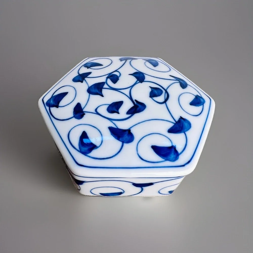Vintage Tiffany & Co Porcelain Hexagon Lidded Trinket Jewelry Box Blue White 5